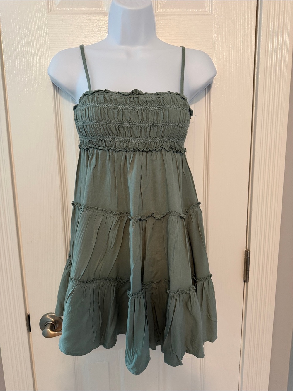 Girls Olive Green Spaghetti Strap Tiered Dress